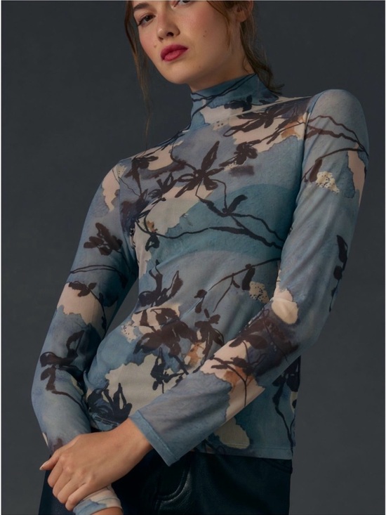Anthropologie Tops - Anthropologie Blue Floral Sheer Mesh Mock Neck Long Sleeve Top Medium